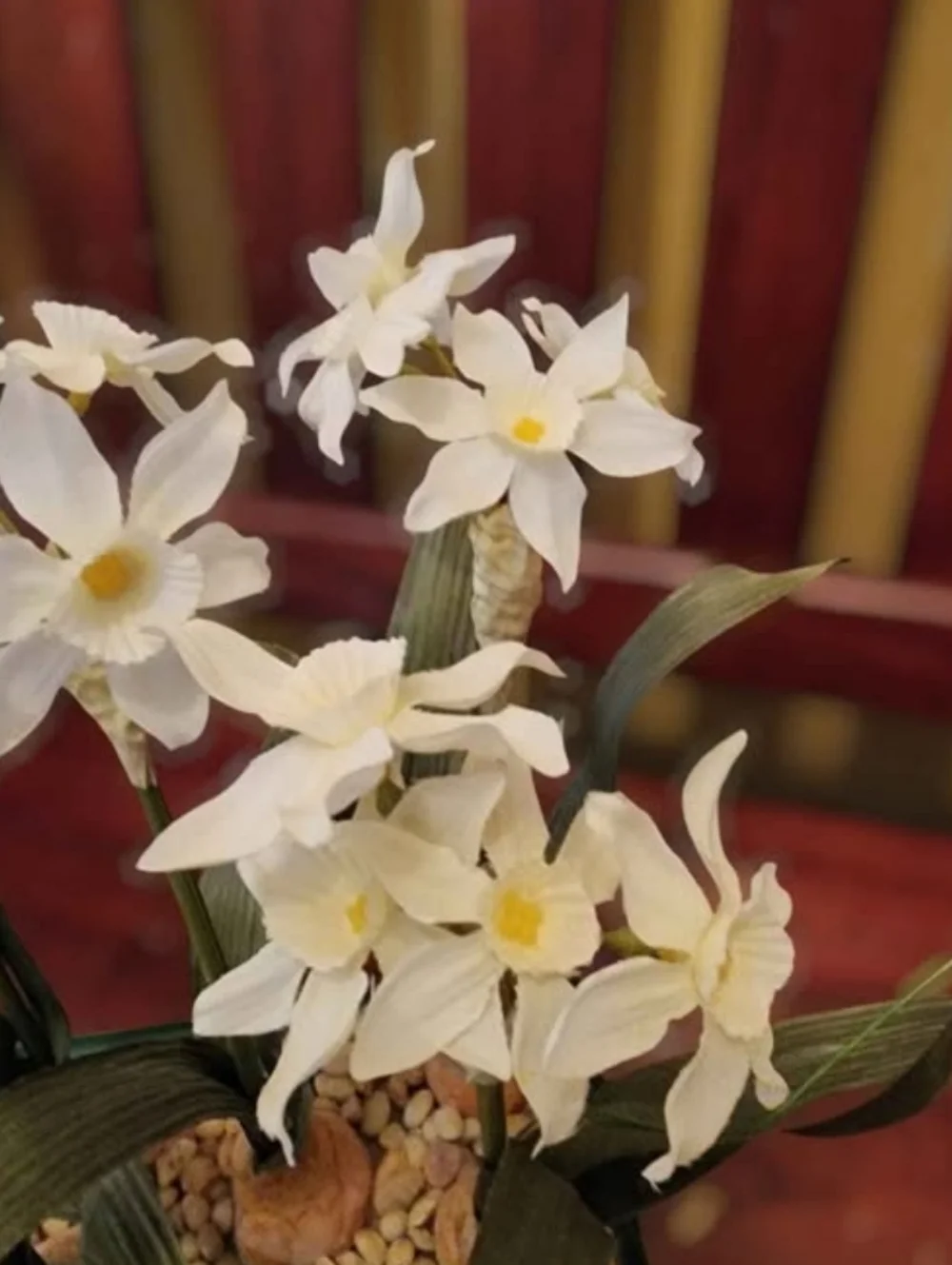Faux White Flowering Plant & Bulbs in Green Pot
